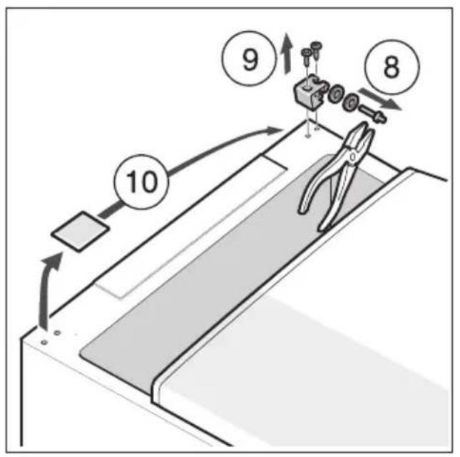 Diagram illustrating a mechanical assembly with numbered components and directional arrows indicating motion or assembly steps.
