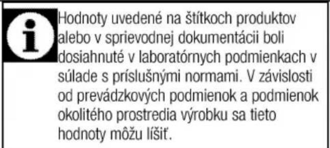 Hodnoty uvedené na štítkoch produktov alebo v sprievodnej dokumentácii boli dosiahnuté v laboratórnych podmienkach v súlade s príslušnými normami. V závislosti od prevádzkových podmienok a podmienok okolitého prostredia výrobku sa tieto hodnoty môžu líšiť.