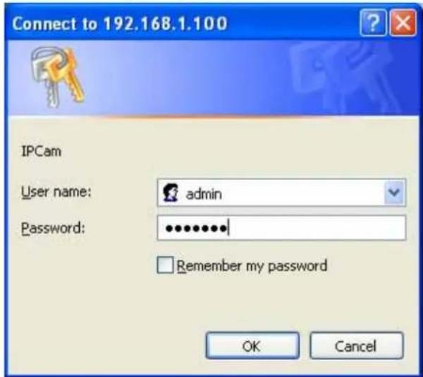 Connect to 192.168.1.100 IPCam User name: admin Password: ******** Remember my password OK Cancel