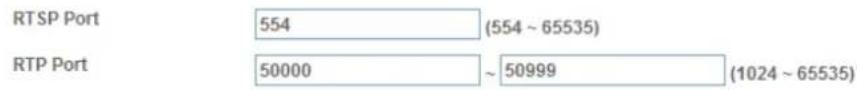 RTSP Port 554 (554 ~ 65535) RTP Port 50000 ~ 50999 (1024 ~ 65535)