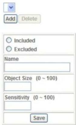 Add Delete Included Excluded Name Object Size (0 ~ 100) Sensitivity (0 ~ 100) Save