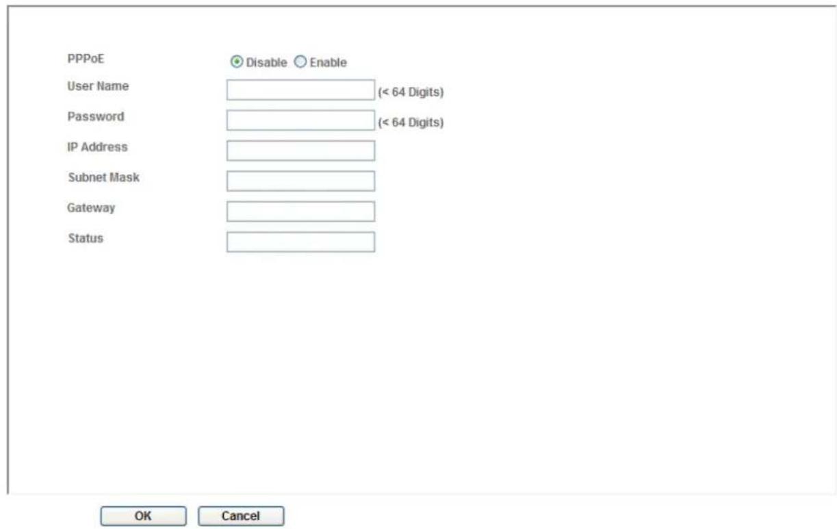 PPPoE User Name Password IP Address Subnet Mask Gateway Status Disable Enable (< 64 Digits) (< 64 Digits) OK Cancel