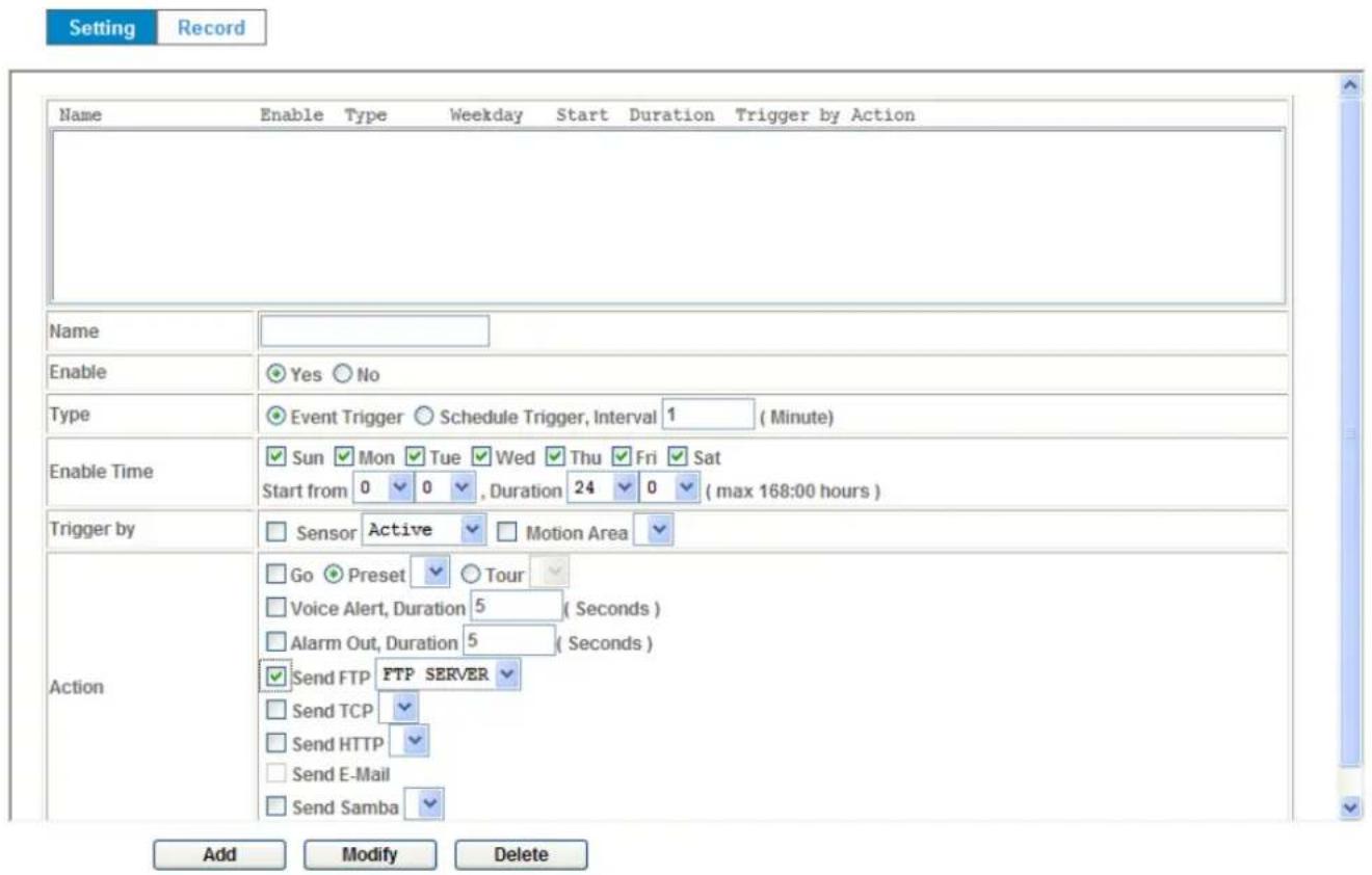 Setting Record Name Enable Type Weekday Start Duration Trigger by Action Name Enable Yes No Type Event Trigger Schedule Trigger, Interval 1 (Minute) Enable Time Sun Mon Tue Wed Thu Fri Sat Start from 0 0 , Duration 24 0 (max 168:00 hours) Trigger by Sensor Active Motion Area Action Go Preset Tour Voice Alert, Duration 5 (Seconds) Alarm Out, Duration 5 (Seconds) Send FTP FTP SERVER Send TCP Send HTTP Send E-Mail Send Samba Add Modify Delete
