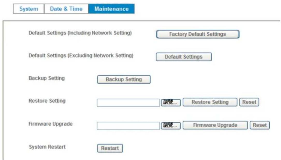 System Date & Time Maintenance Default Settings (Including Network Setting) Factory Default Settings Default Settings (Excluding Network Setting) Default Settings Backup Setting Backup Setting Restore Setting .... Restore Setting Reset Firmware Upgrade .... Firmware Upgrade Reset System Restart Restart