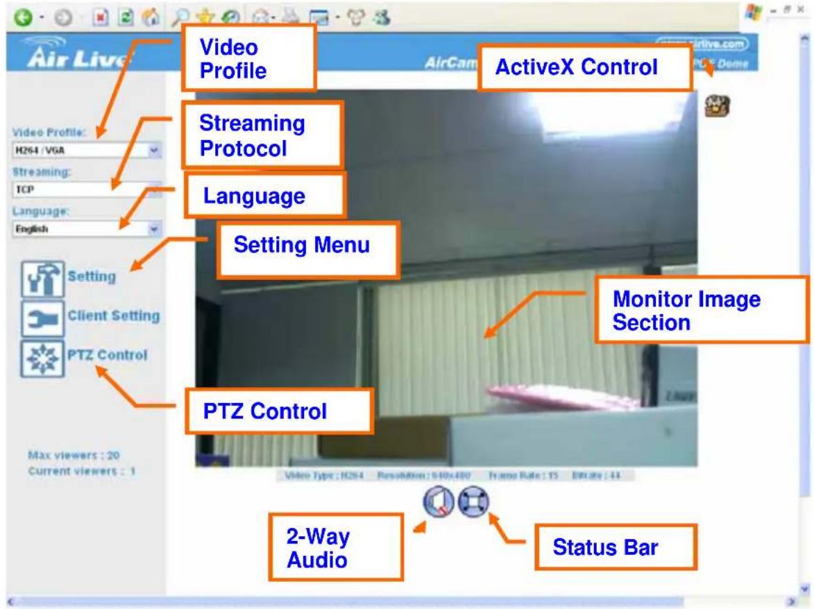 Video Profile ActiveX Control Streaming Protocol Language Setting Menu Monitor Image Section PTZ Control PTZ Control 2-Way Audio Status Bar Max viewers : 20 Current viewers : 1 Video Type : H264 Resolution : 540x480 Frame Rate : 15 Enrate : 44