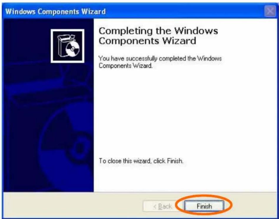 Windows Components Wizard Completing the Windows Components Wizard You have successfully completed the Windows Components Wizard. To close this wizard, click Finish. < Back Finish