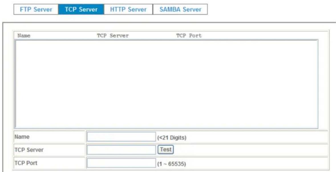 FTP Server TCP Server HTTP Server SAMBA Server Name TCP Server TCP Port Name (<21 Digits) TCP Server Test TCP Port (1 ~ 65535)