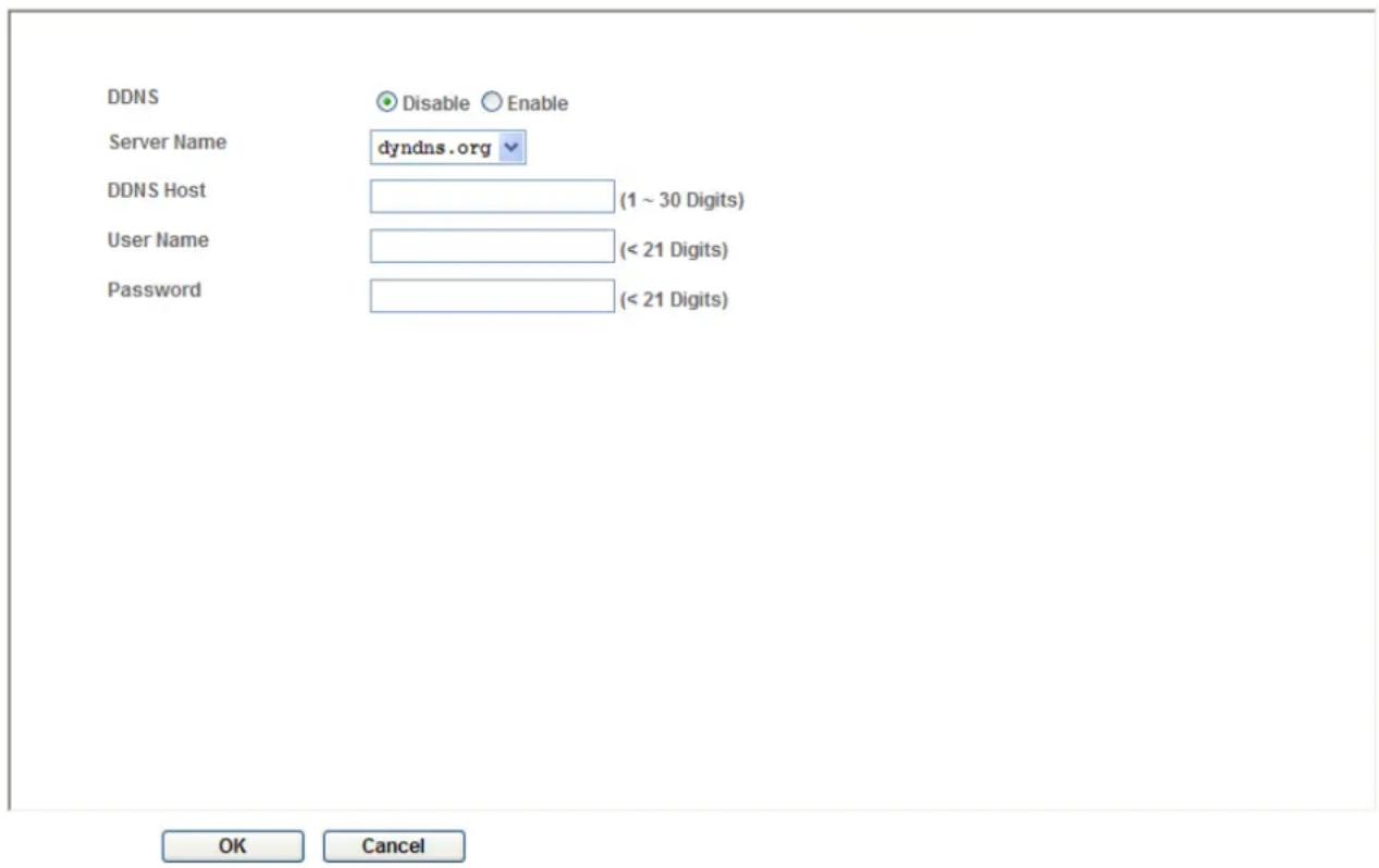 DDNS Disable Enable Server Name dyndns.org DDNS Host (1 ~ 30 Digits) User Name (< 21 Digits) Password (< 21 Digits) OK Cancel