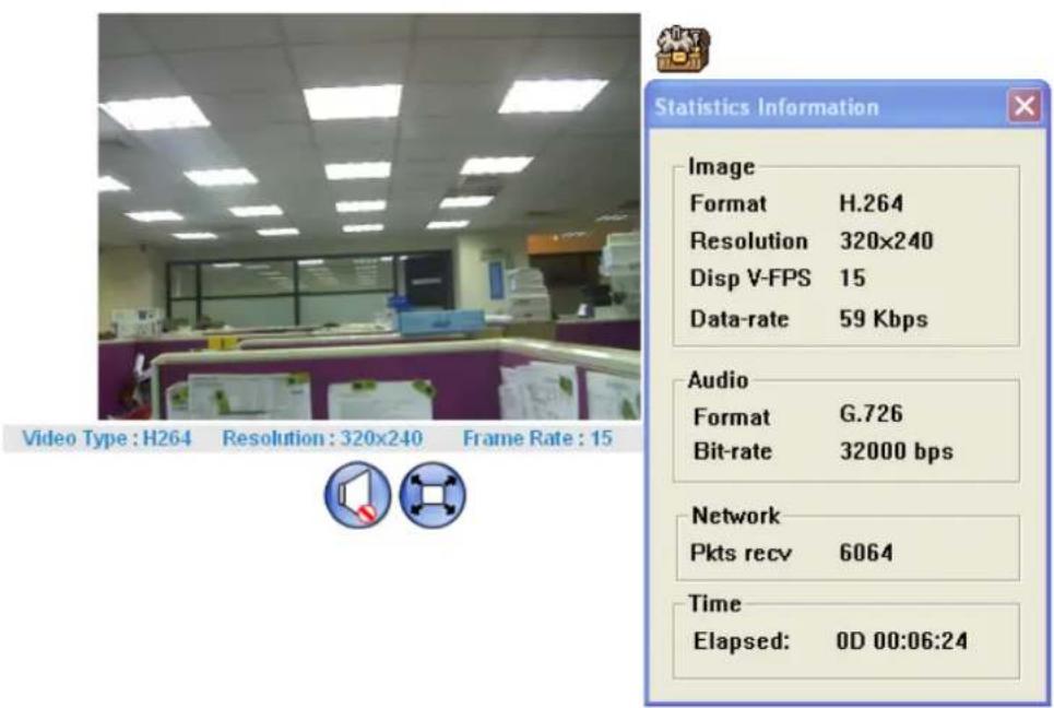 Video Type : H264 Resolution : 320x240 Frame Rate : 15 Statistics Information Image Format H.264 Resolution 320x240 Disp V-FPS 15 Data-rate 59 Kbps Audio Format G.726 Bit-rate 32000 bps Network Pkts recv 6064 Time Elapsed: 0D 00:06:24