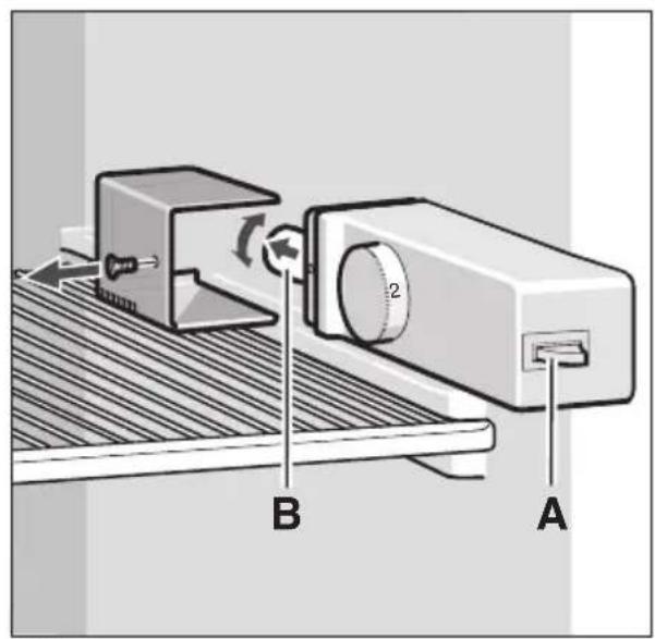 Diagram of a mechanical device with labeled parts A and B, showing a rotating component and a base plate.
