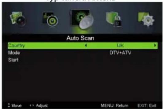 Auto Scan Country UK Mode DTV+ATV Start Move Adjust MENU: Return EXIT: Exit