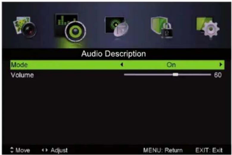 Audio Description Mode On Volume 60 Move Adjust MENU: Return EXIT: Exit