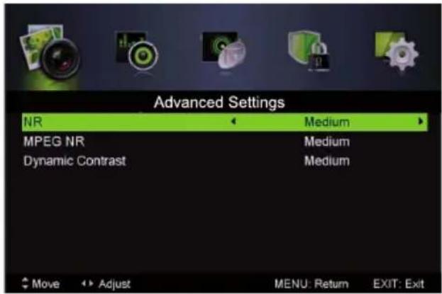 Advanced Settings NR Medium MPEG NR Medium Dynamic Contrast Medium Move Adjust MENU: Return EXIT: Exit