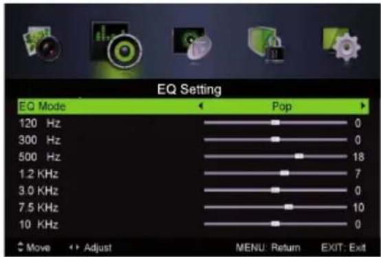 EQ Setting EQ Mode 120 Hz 300 Hz 500 Hz 1.2 KHz 3.0 KHz 7.5 KHz 10 KHz Move Add Adjust Pop 0 0 18 7 0 10 MENU: Return EXIT: Exit