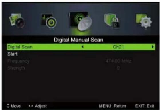 Digital Manual Scan Digital Scan Ch21 Start Frequency 476.00 MHz Strength 0 Move Adjust MENU: Return EXIT: Exit