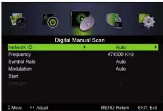 Digital Manual Scan Network ID Auto Frequency 474000 KHz Symbol Rate Auto Modulation Auto Start Strength 0 Move Adjust MENU: Return EXIT: Exit