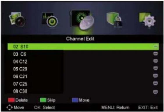 Channel Edit 02 S10 03 C6 04 C12 05 C29 06 C21 07 C25 08 C30 Delete Skip Move Move OK: Select MENU: Return EXIT: Exit