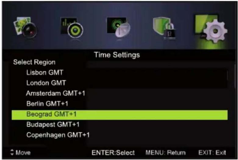 Time Settings Select Region Lisbon GMT London GMT Amsterdam GMT+1 Berlin GMT+1 Beograd GMT+1 Budapest GMT+1 Copenhagen GMT+1 Move ENTER:Select MENU: Return EXIT: Exit