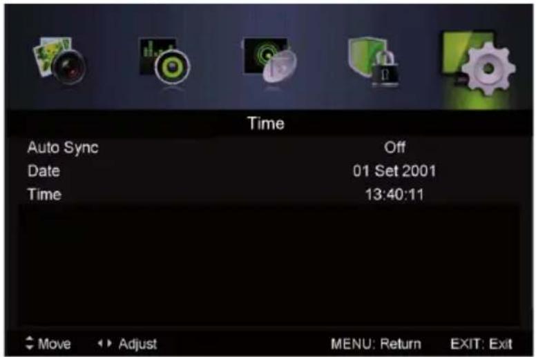 Time Auto Sync Off Date 01 Set 2001 Time 13:40:11 Move Adjust MENU: Return EXIT: Exit