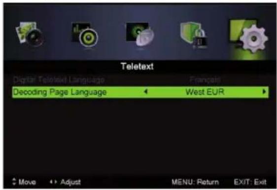 Teletext Digital Teletext Language Français Decoding Page Language West EUR Move Adjust MENU: Return EXIT: Exit