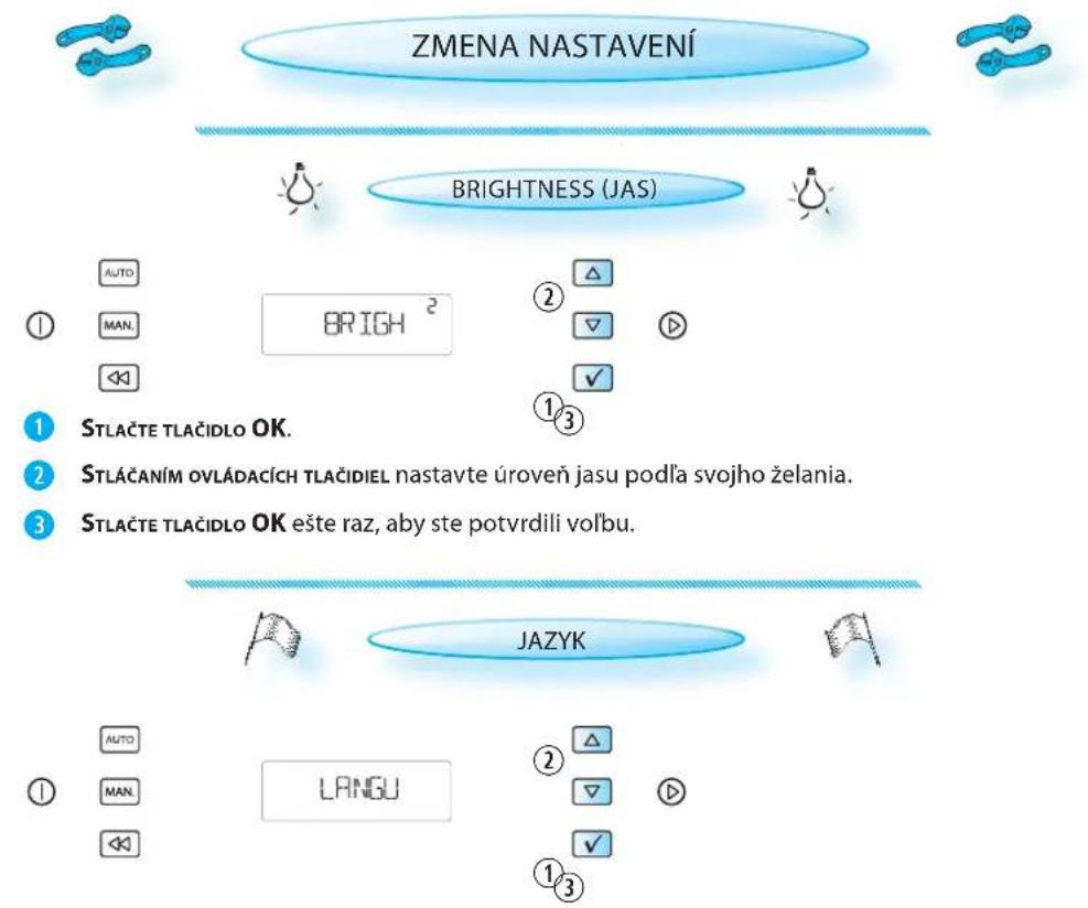 ZMENA NASTAVENÍ BRIGHTNESS (JAS) AUTO ① MAN. BRIGH ² ② △ ▽ ▶ ✓ ①③ STLAČTE TLAČIDLO OK. STLAČANÍM OVLÁDACÍCH TLAČIDIEL nastavte úroveň jasu podľa svojho želania. STLAČTE TLAČIDLO OK ešte raz, aby ste potvrdili vol’bu. JAZYK AUTO ① MAN. LANGU ② △ ▽ ▶ ✓ ①③