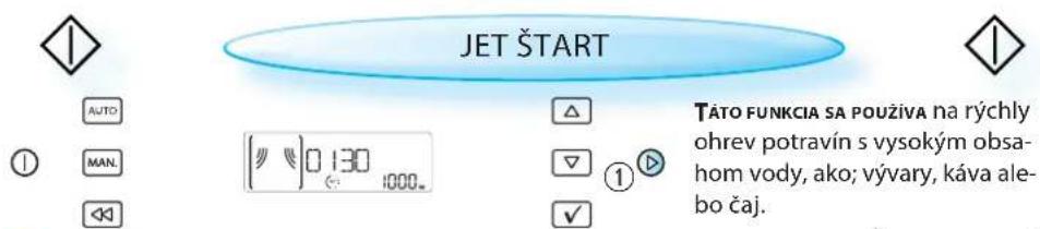 JET ŠTART AUTO MAN. 1000. TÁTO FUNKCIA SA POUŽIVA na rýchly ohrev potravín s vysokým obsahom vody, ako; vývary, káva alebo čaj.