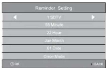 Reminder Setting 1 SDTV 55 Minute 22 Hour Jan Month 01 Date Once Mode OK C-BACK