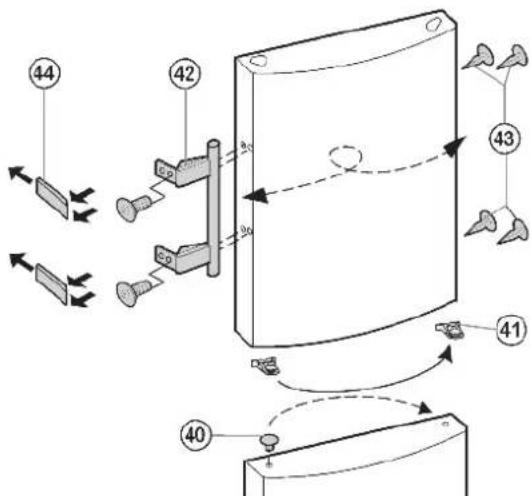 Technical diagram showing labeled components of a device with numbered parts and directional arrows indicating motion or assembly.
