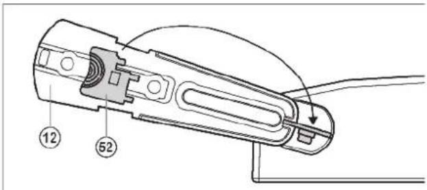 Technical diagram of a mechanical component with numbered parts and directional arrow indicating assembly or connection.