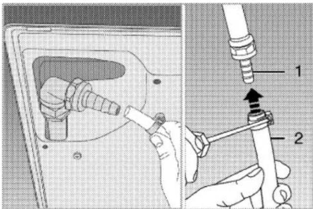 Technical diagram showing a hand operating a pipe fitting inside a container, with labeled parts 1 and 2.