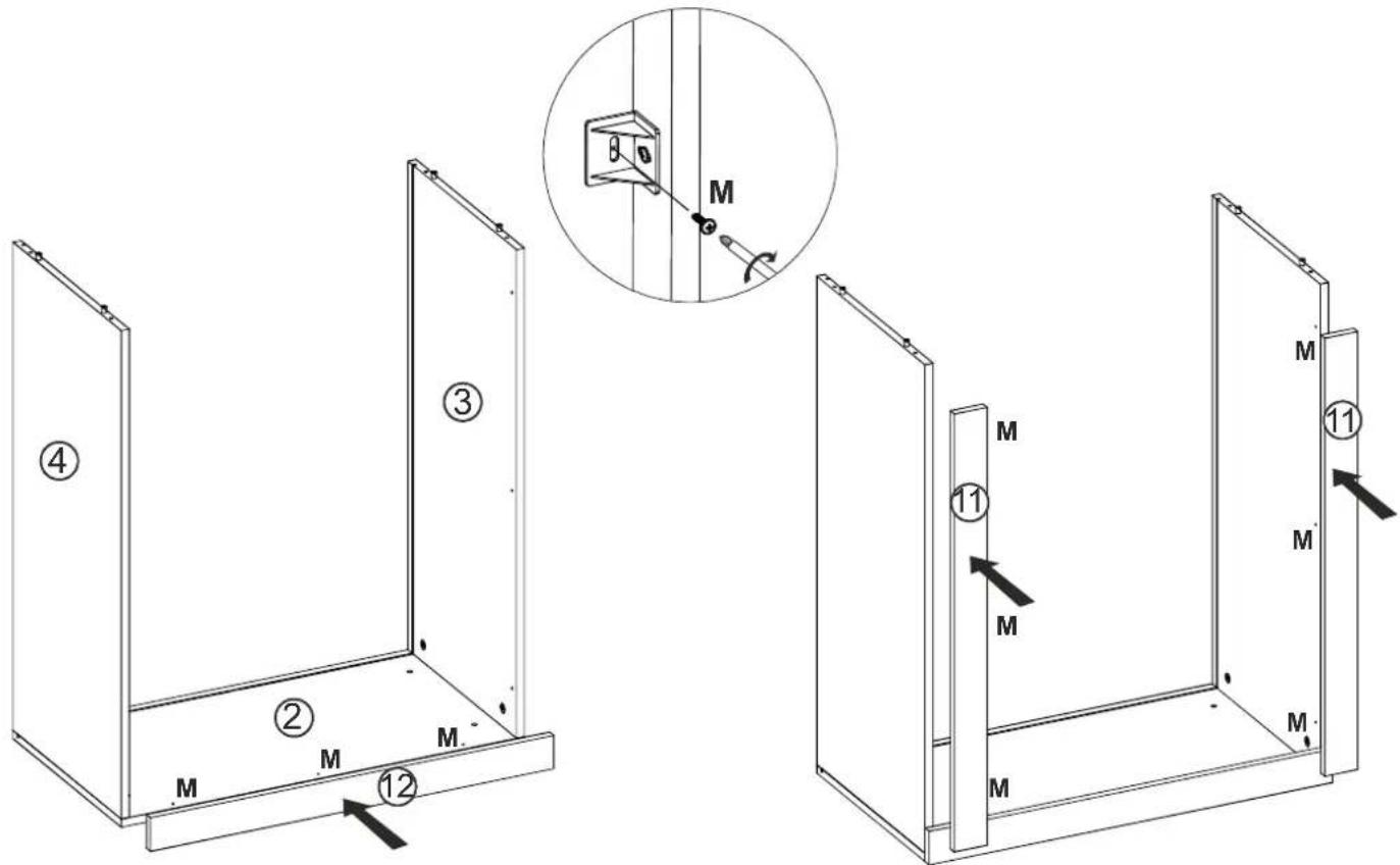 Technical diagram showing two views of a metal enclosure with labeled components and a magnified inset illustrating the assembly process.