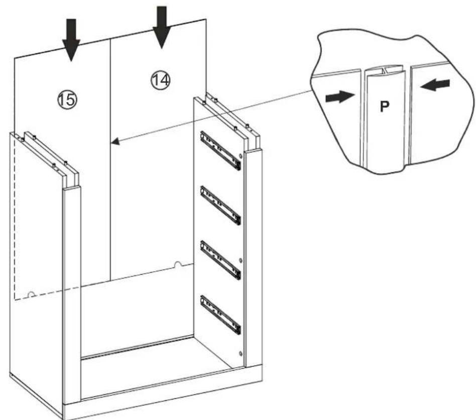 Technical diagram of a server rack with numbered components and a magnified view showing a labeled component 'P'.