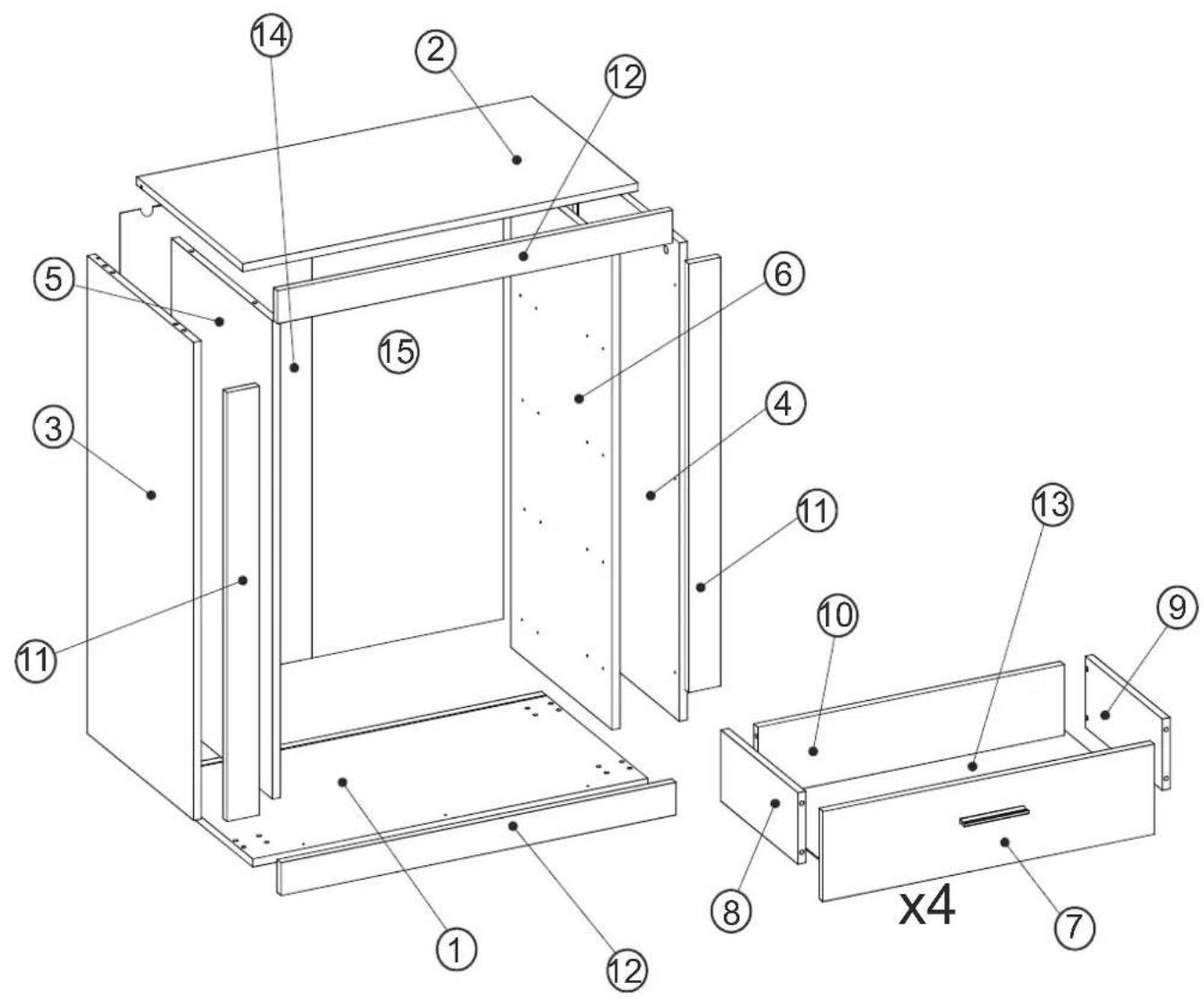 Technical diagram of a multi-compartment storage unit with numbered components and a labeled section 'x4'