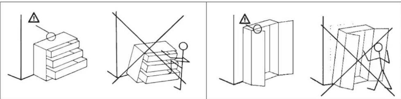 Four technical diagrams showing 3D object projections with warning symbols and crosshairs, likely illustrating a structural or mechanical design concept.