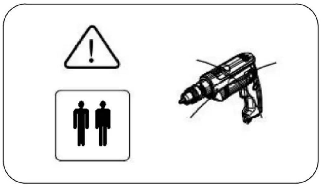 Warning sign with warning triangle, two human silhouettes, and a drone illustration