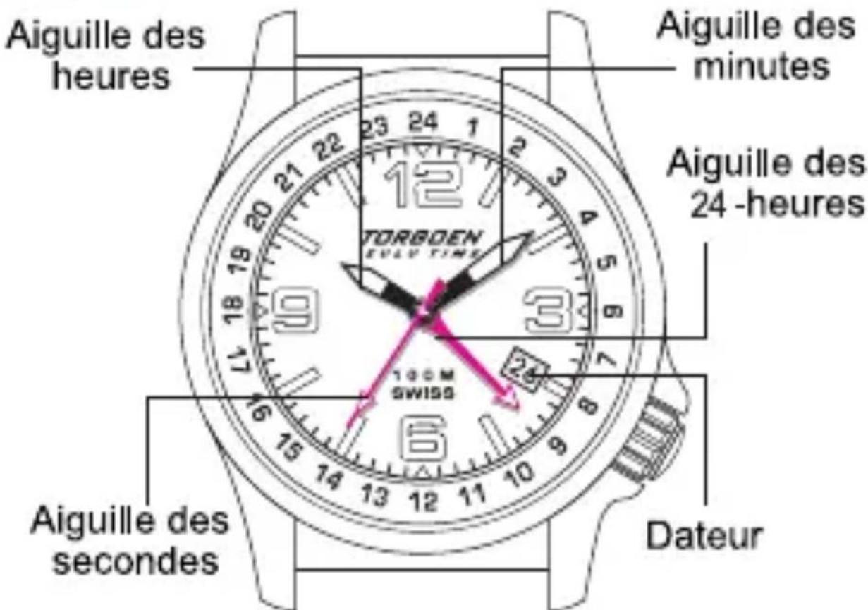 Aiguille des heures Aiguille des minutes Aiguille des 24 -heures TORBOEN SWISS 100M 6 16 15 14 13 12 11 10 9 8 7 6 5 4 3 2 1 0 Aiguille des secondes Dateur
