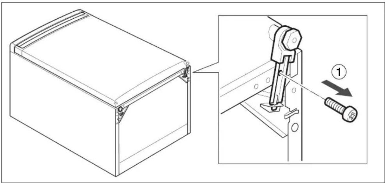 Technical diagram showing a mechanical assembly with a close-up view of a bracket and a close-up of a bolted joint, labeled with step number 1.