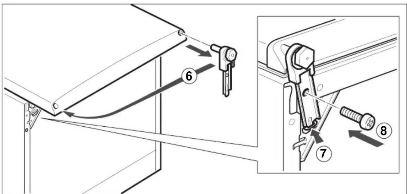 Technical diagram showing mechanical assembly steps with numbered annotations indicating sequence of components