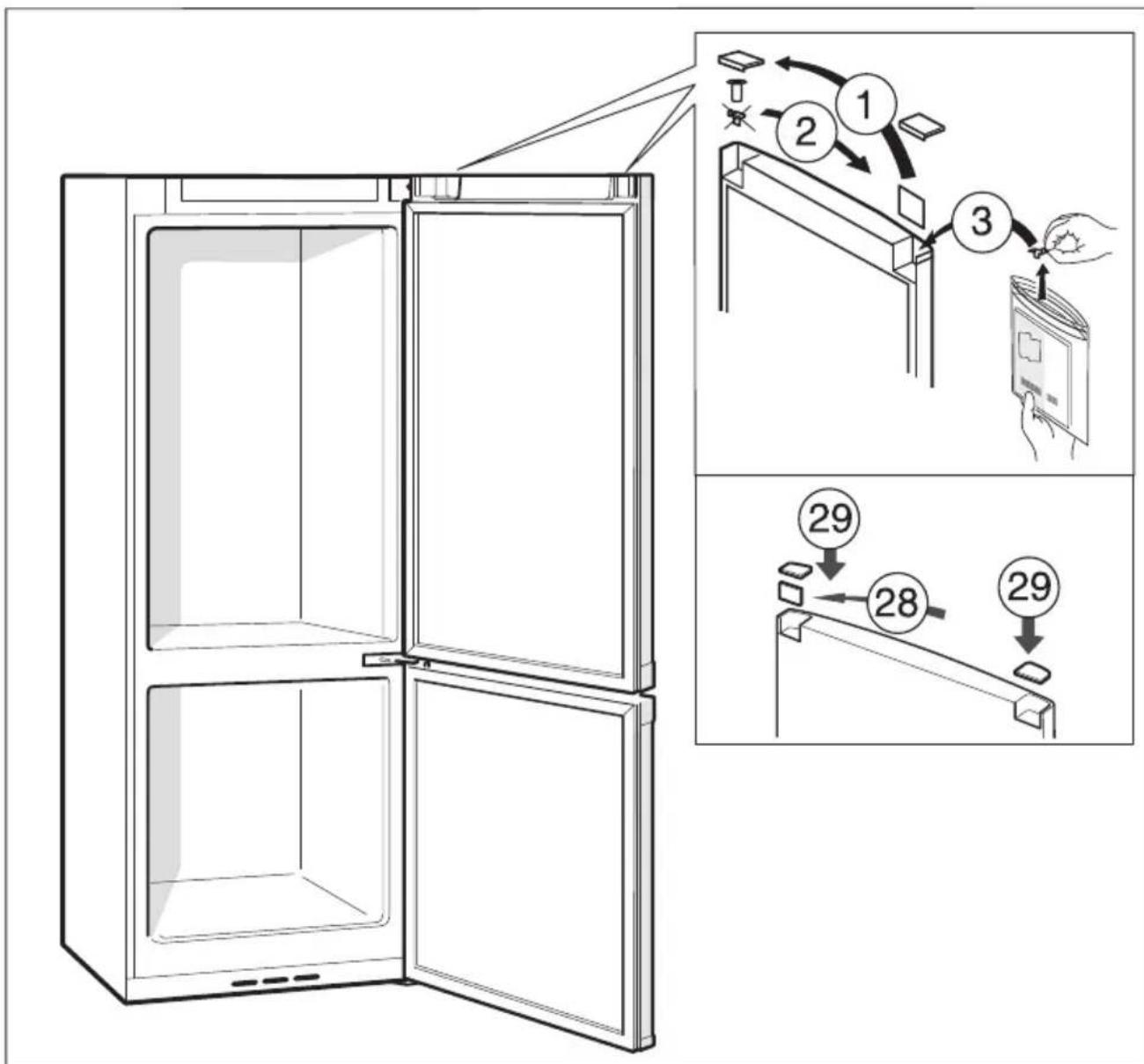 Diagram illustrating the step-by-step installation of a refrigerator, showing open doors, door, and three labeled steps with arrows indicating sequence.