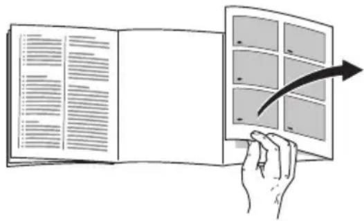 Illustration showing a hand holding an open document with a grid layout and an arrow indicating direction or transformation.