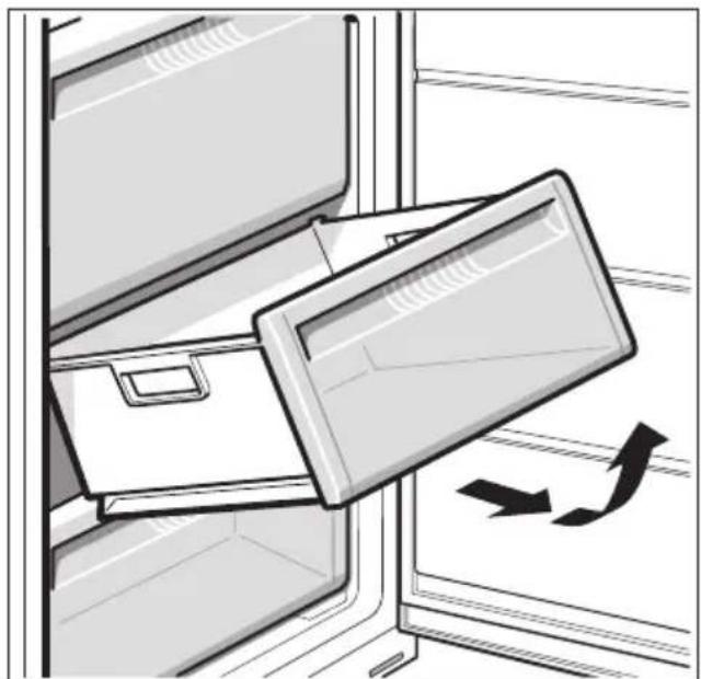 Illustration of a refrigerator with an open drawer and a closed door, showing a curved arrow indicating flow or movement (no text or symbols)