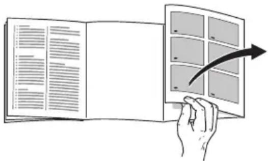 Illustration showing a hand holding an open document with a grid layout and an arrow indicating direction or transformation.