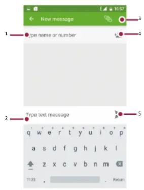 1 New message 2 Type name or number 3 4 5 Type text message 7:23 . Return