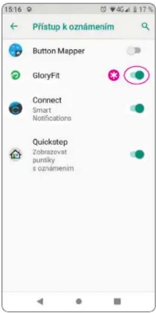 Přístup k oznámením Button Mapper GloryFit Connect Smart Notifications Quickstep Zobrazovat puntiky s oznámením