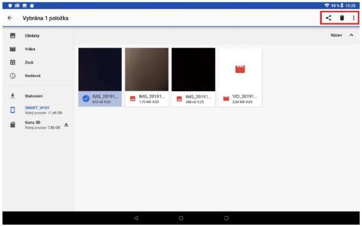 Vybrána 1 položka Obrázky Video Zvuk Nedávné Stahování SMART_W101 Volný prostor: 11,48 GB Karta SD Volný prostor: 7,86 GB Název IMG_20191... 853 kB 9:23 IMG_20191... 1,70 MB 9:23 IMG_20191... 498 kB 9:23 VID_20191... 2,04 MB 9:24