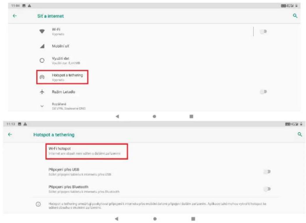 Sit a internet Wi-Fi Vyprato Mobilní sít Vyuziti dat Vyuziti dat: 0,44 MB Hotspot a tethering Vyprato Režim Letadlo Rozáření Sít VPN, Soukrone DNS 11:13 Hotspot a tethering Wi-Fi hotspot Internet ani obah neni adlen s dalími zařízenímí Připojení přes USB Sóllet připojení tabletu k Internetu přes USB Připojení přes Bluetooth Sóllet připojení tabletu k Internetu přes Bluetooth Hotspot a tethering umožňují poskytovat připojení k internetu přes mobilní datorné připojení datálm zařízením. Aplikace také mohou vytrořit hotspot ke adlení obahu s okolními zařízenímí.
