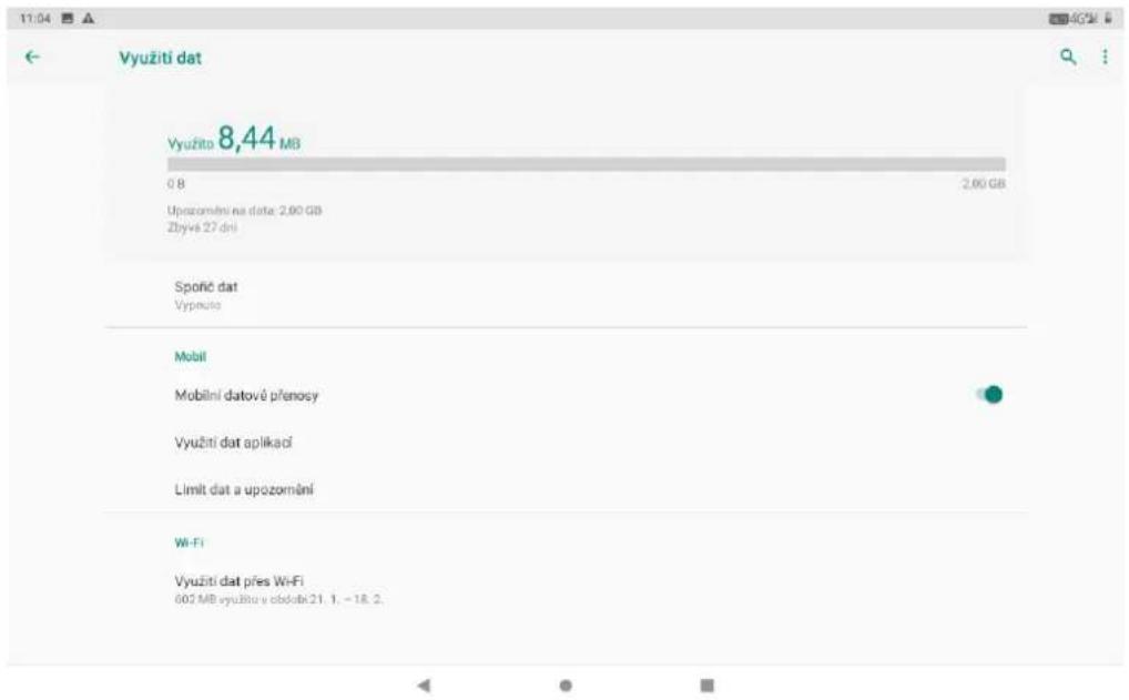 Využiti dat Využito 8,44 MB 0.8 Upozomění na data: 2,90 GB Zbyvě 27 dni 2,90 GB Spoříč dat Vypováta Mobil Mobilní datové přenosy Využiti dat aplikaci Limit dat a upozomání Wi-Fi Využiti dat přes Wi-Fi 602 MB využitu v obdobl:21. 1, -18. 2.