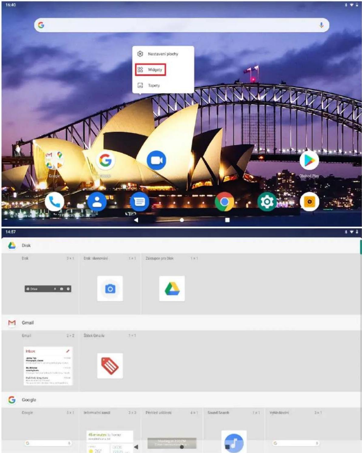 16:40 Nastaveni plochy Widgety Tapety Google Obchod Play Disk Disk stenování 1 x 1 Zástupce pro Disk 1 x 1 Drive Gmail Email 2 x 2 Šitek Gmailiv 1 x 1 Inbox Jama Tax Plasňujá Činné Pořížníku výděnýchím výděnýchím výděnýchím výděnýchím výděnýchím výděnýchím výděnýchím výděnýchím výděnýchím výděnýchím výděnýchím výděnýchím výděnýchím výděnýchím výděnýchím vys. Google Google 3 x 1 Informační kanál 3 x 3 Přistled udělosti 4 x 1 Sound Search 1 x 1 Vyhladávání 3 x 1 45 minutes to honor henskáchů pr.5% 26° Výhladávání