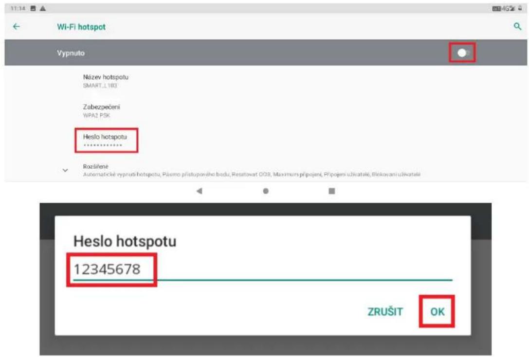 11:14 Wi-Fi hotspot Vypnuto Název hotspotu SMART.L103 Zabezpečení WPA2 PSK Heslo hotspotu ****** Rozšířené Automatické vypnuti hotspotu, Pásmo přístuporého bodu, Resitovat 009, Maximum připojení, Připojení užkatelé, Blokovani užkatelé Heslo hotspotu 12345678 ZRUŠIT OK