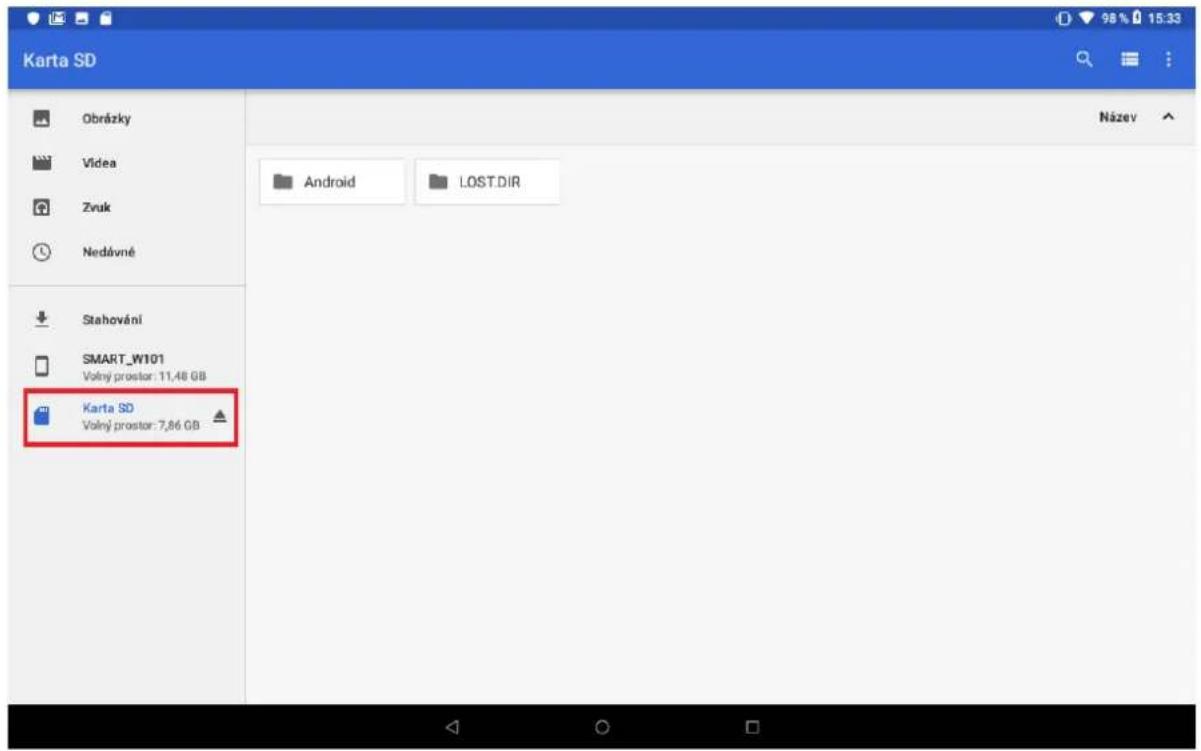 Karta SD Obrázky Video Zvuk Nedávné Stahování SMART_W101 Volný prostor: 11,48 GB Karta SD Volný prostor: 7,86 GB